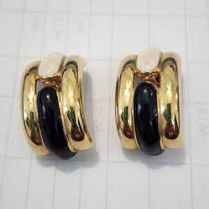 Rare Vintage Givenchy Black White Enamel Goldtone Dangle Drop Hoop Clip Earrings